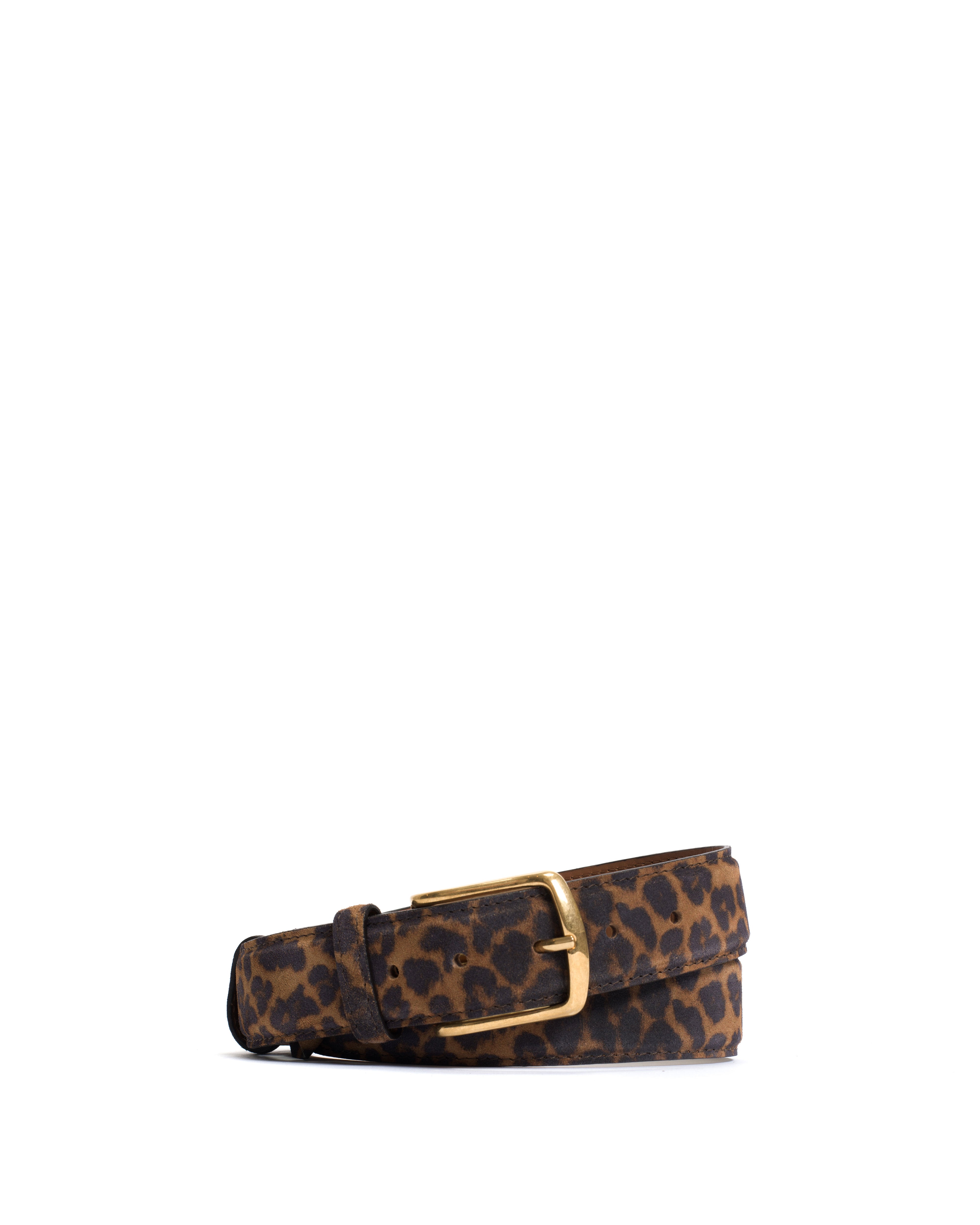 Quinn classic unisex leather belt Calf suede print & metal Leopard & gold buckle
