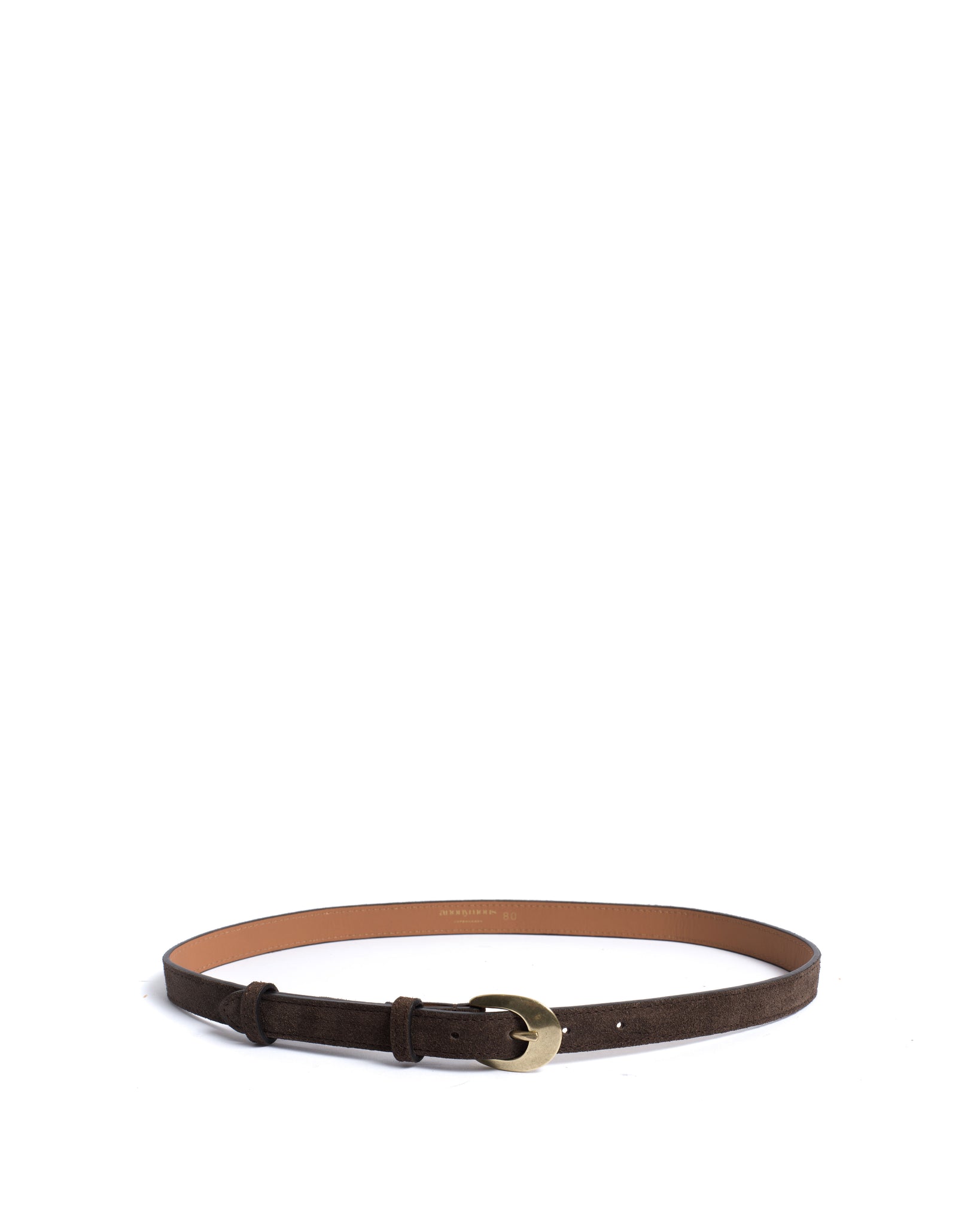 Aris unisex leather belt Calf suede Coffee brown & gold buckle - Anonymous Copenhagen