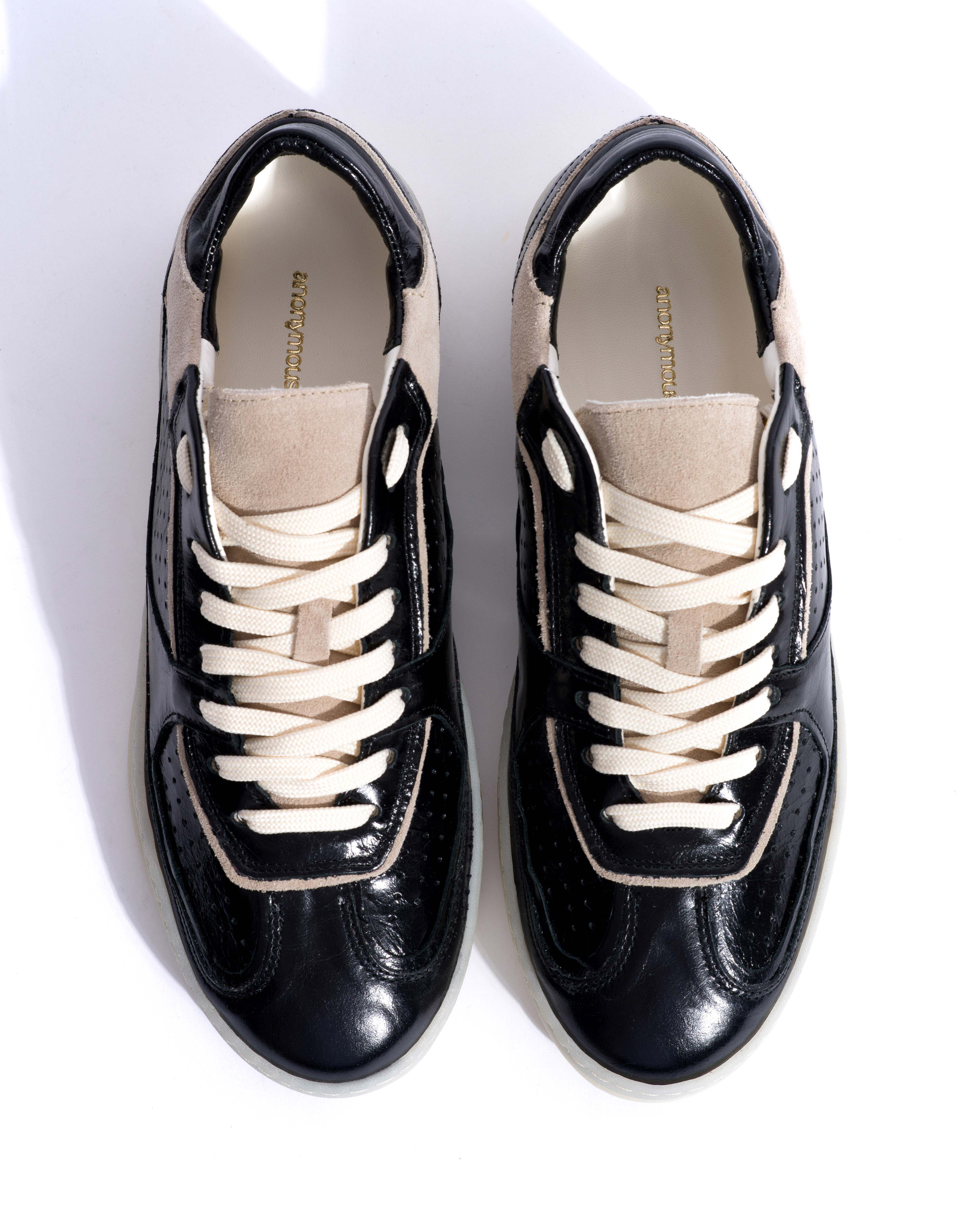 Dabbie Crinkled polished goat & suede leather Black & white sand