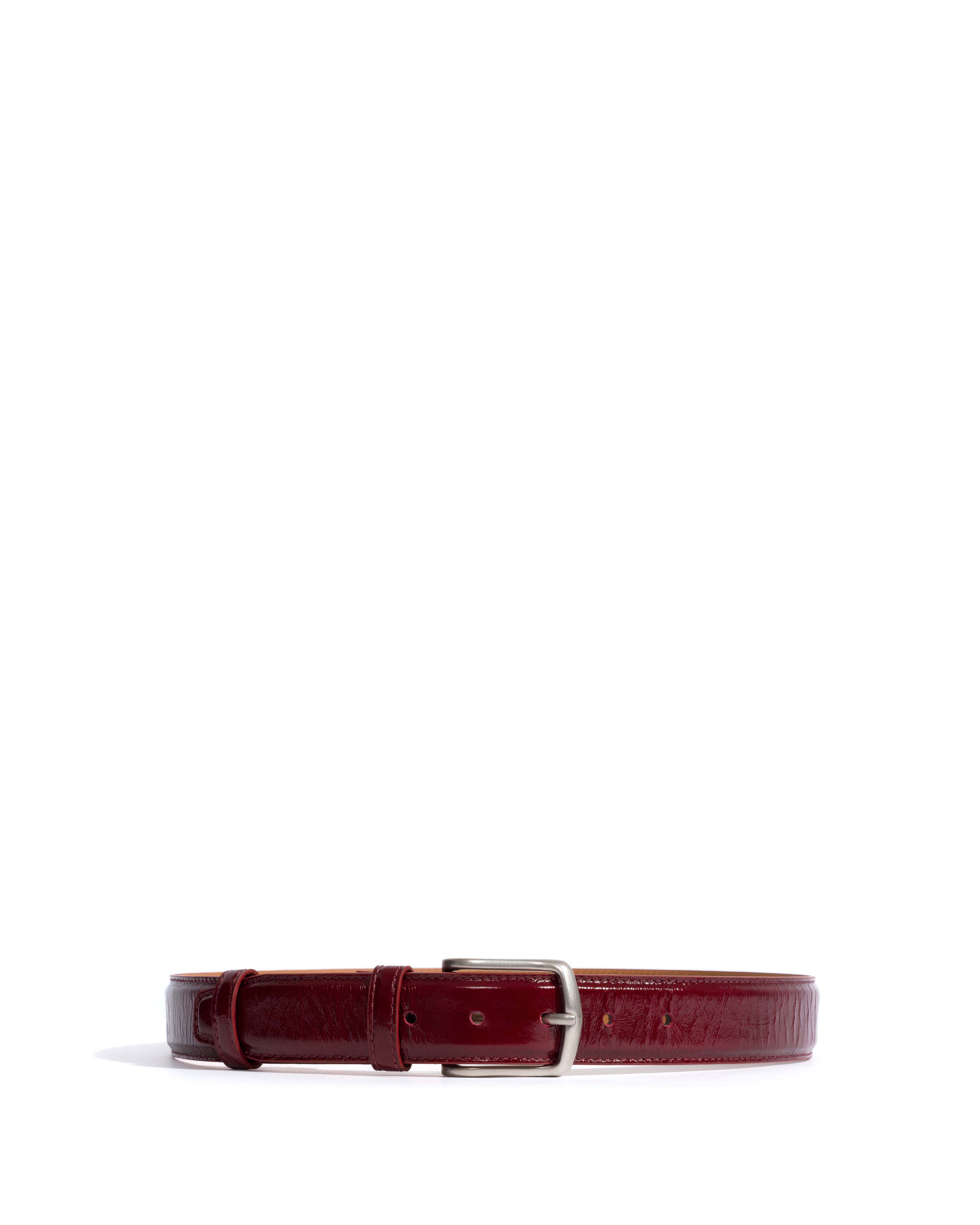 Quinn classic unisex leather belt Crinkled polished goat & metal Pomegranate & silver buckle