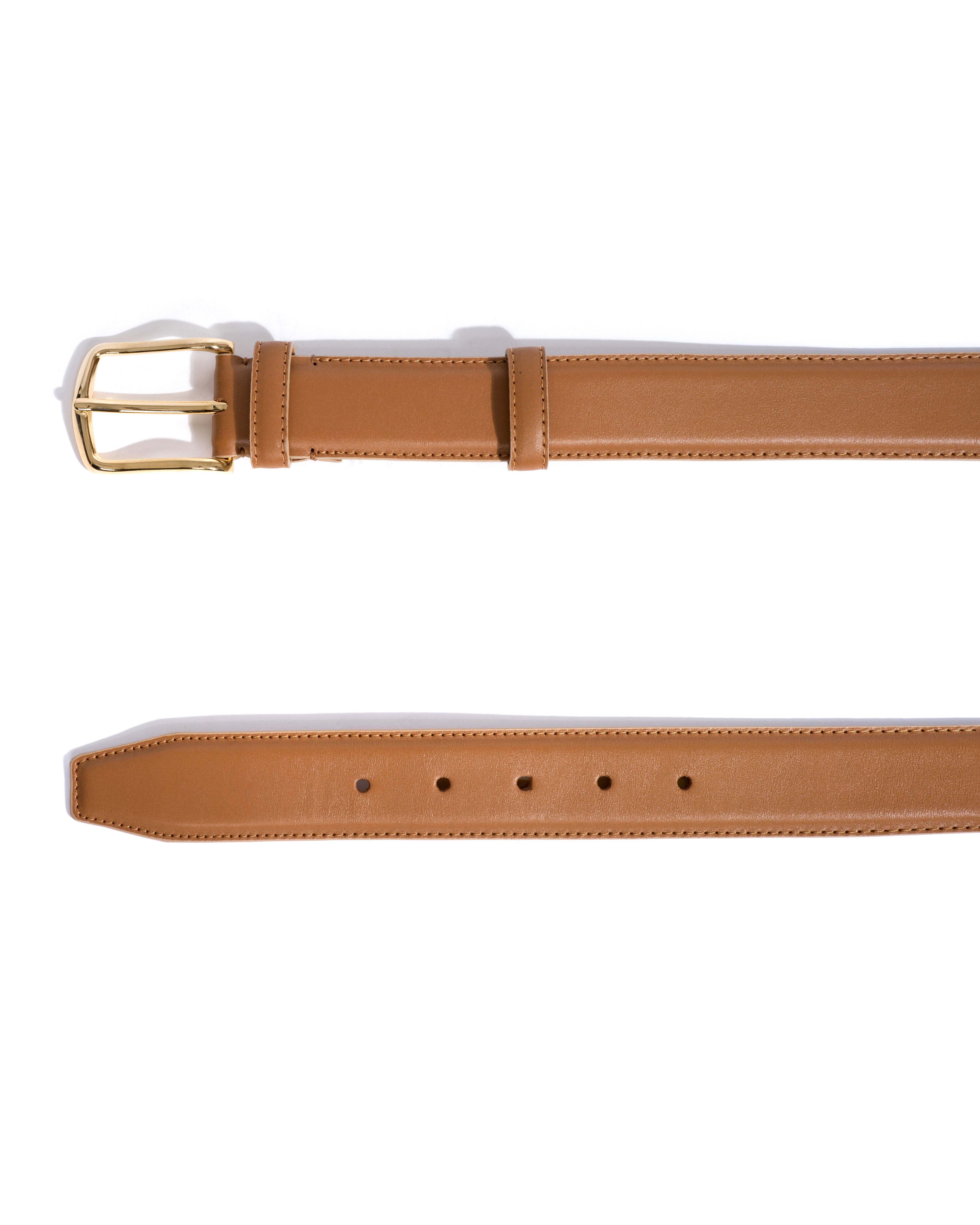 Quinn classic unisex leather belt Soft calf & metal Camel & gold buckle