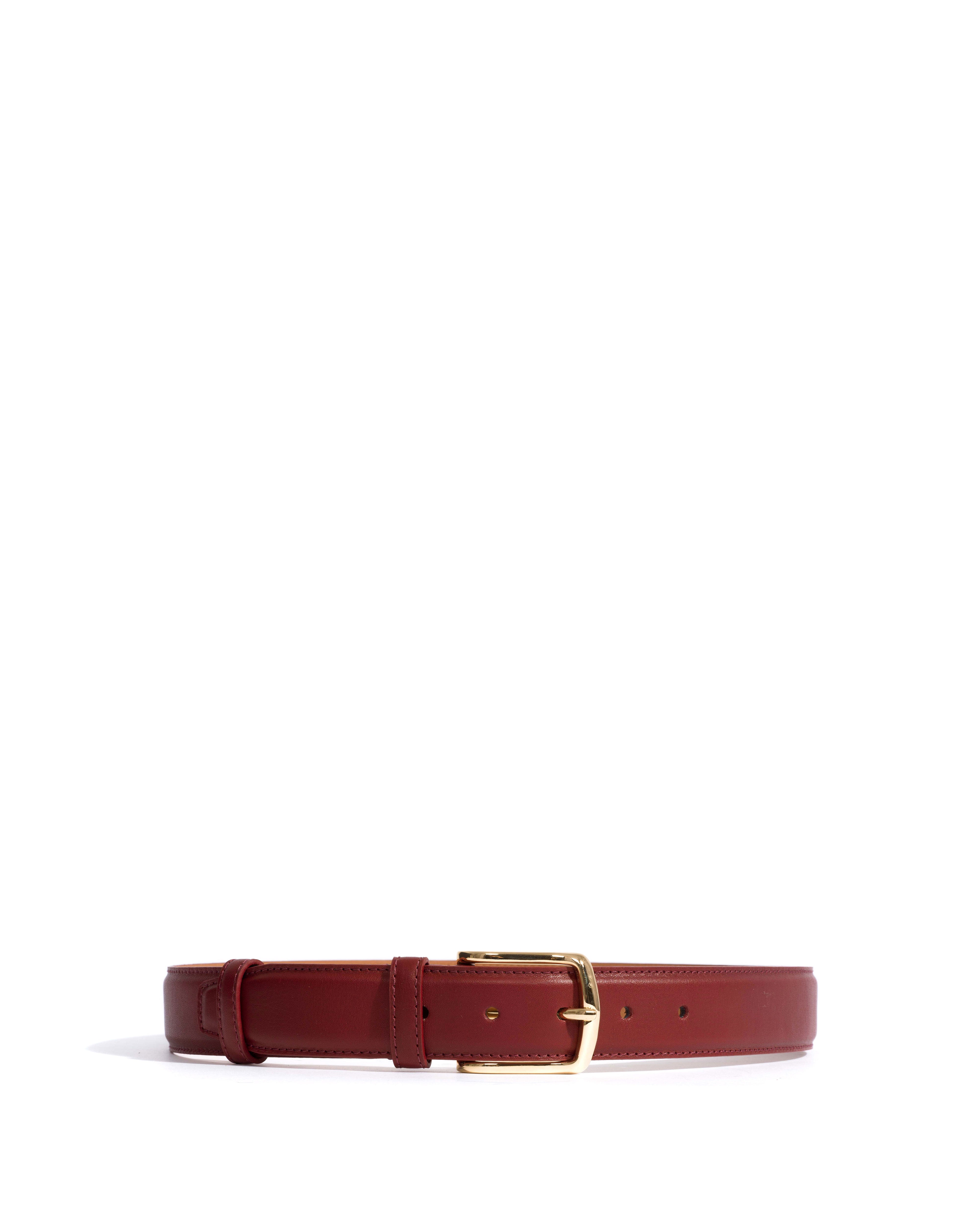 Quinn classic unisex leather belt Soft calf & metal Pomegranate & gold buckle