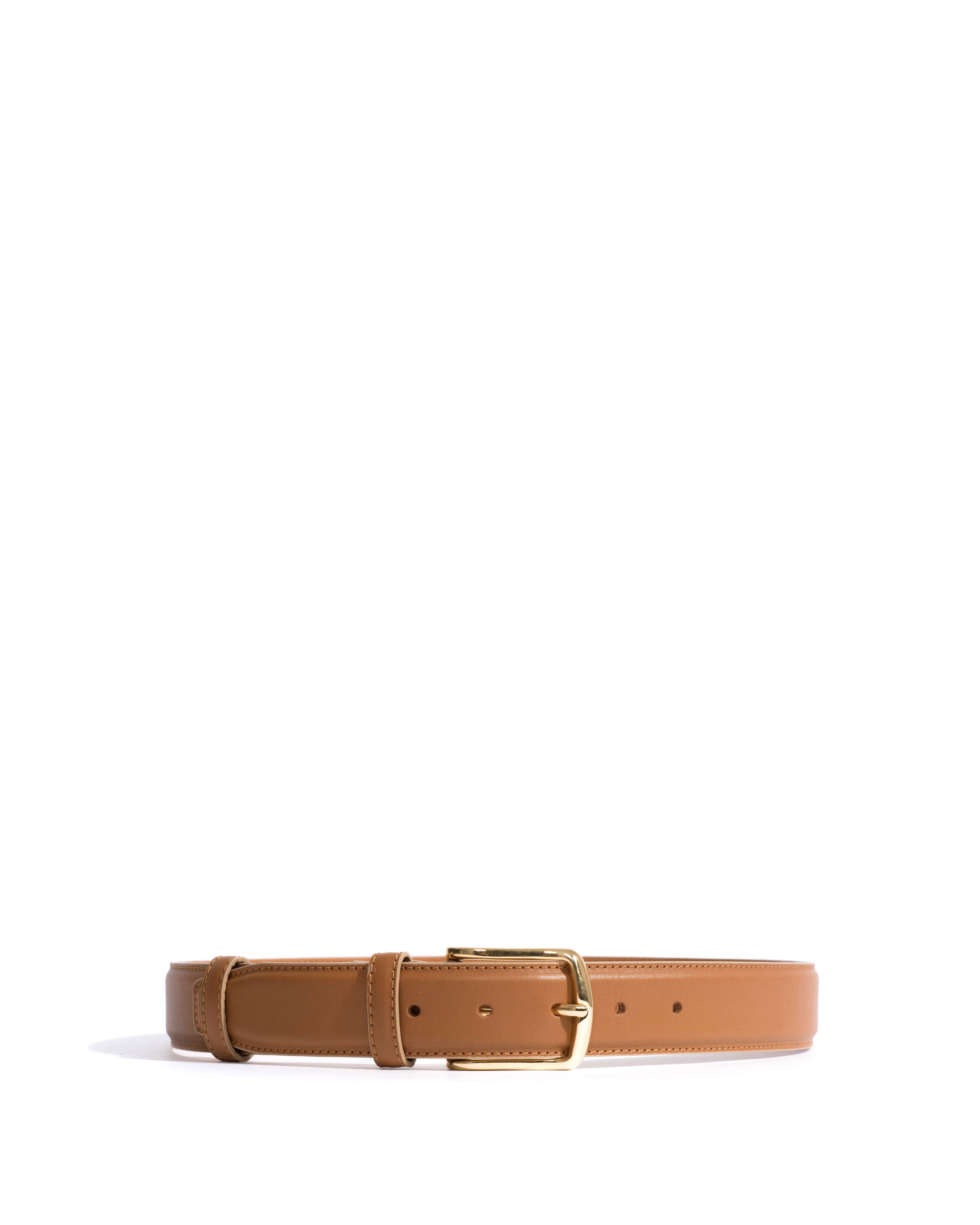 Quinn classic unisex leather belt Soft calf & metal Camel & gold buckle