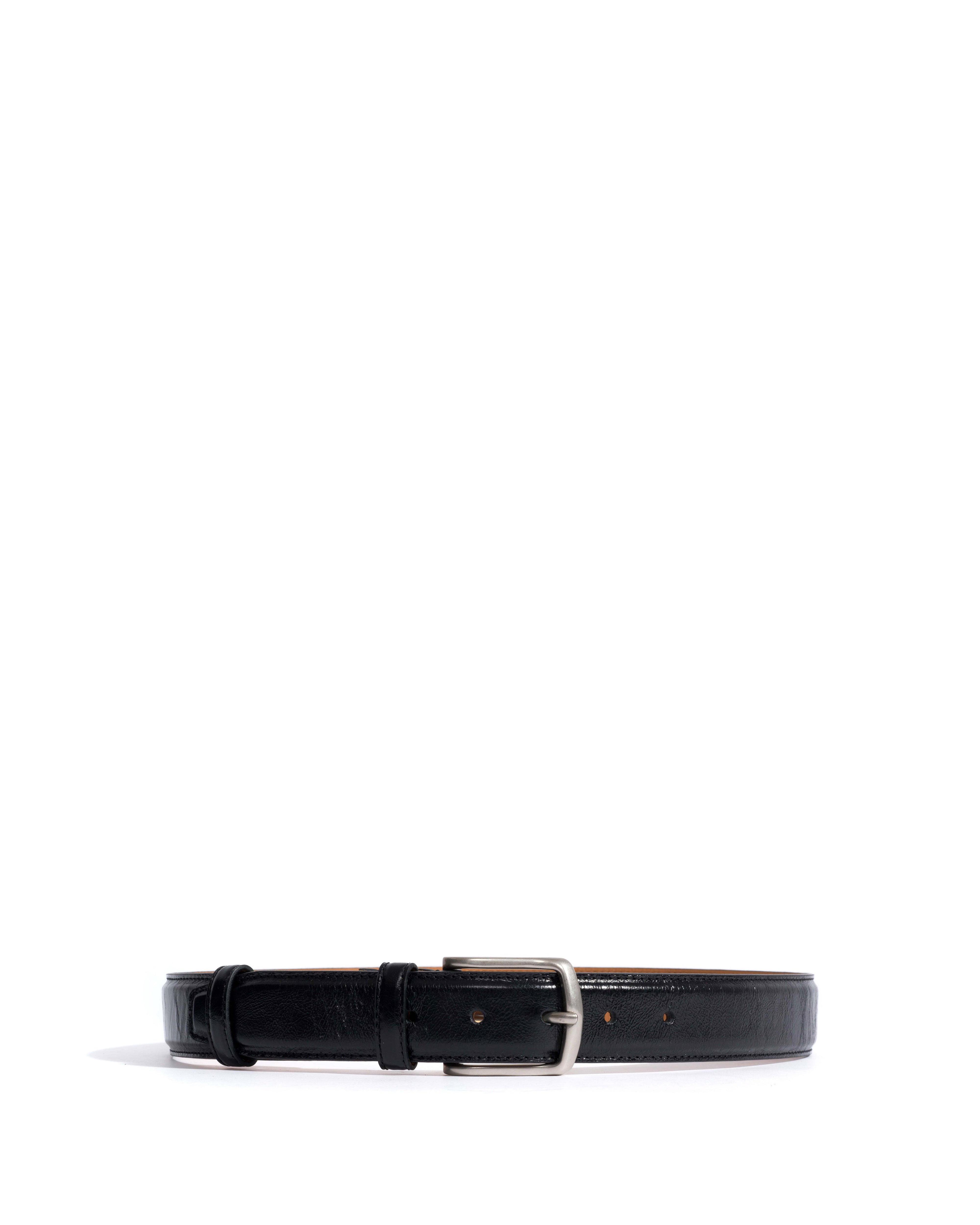 Quinn classic unisex leather belt Crinkled polished goat & metal Black & silver buckle