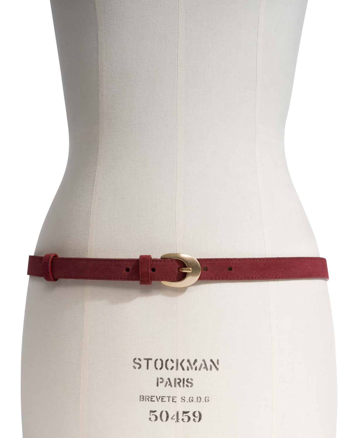 Aris unisex leather belt Calf suede & metal Pomegranate & gold buckle
