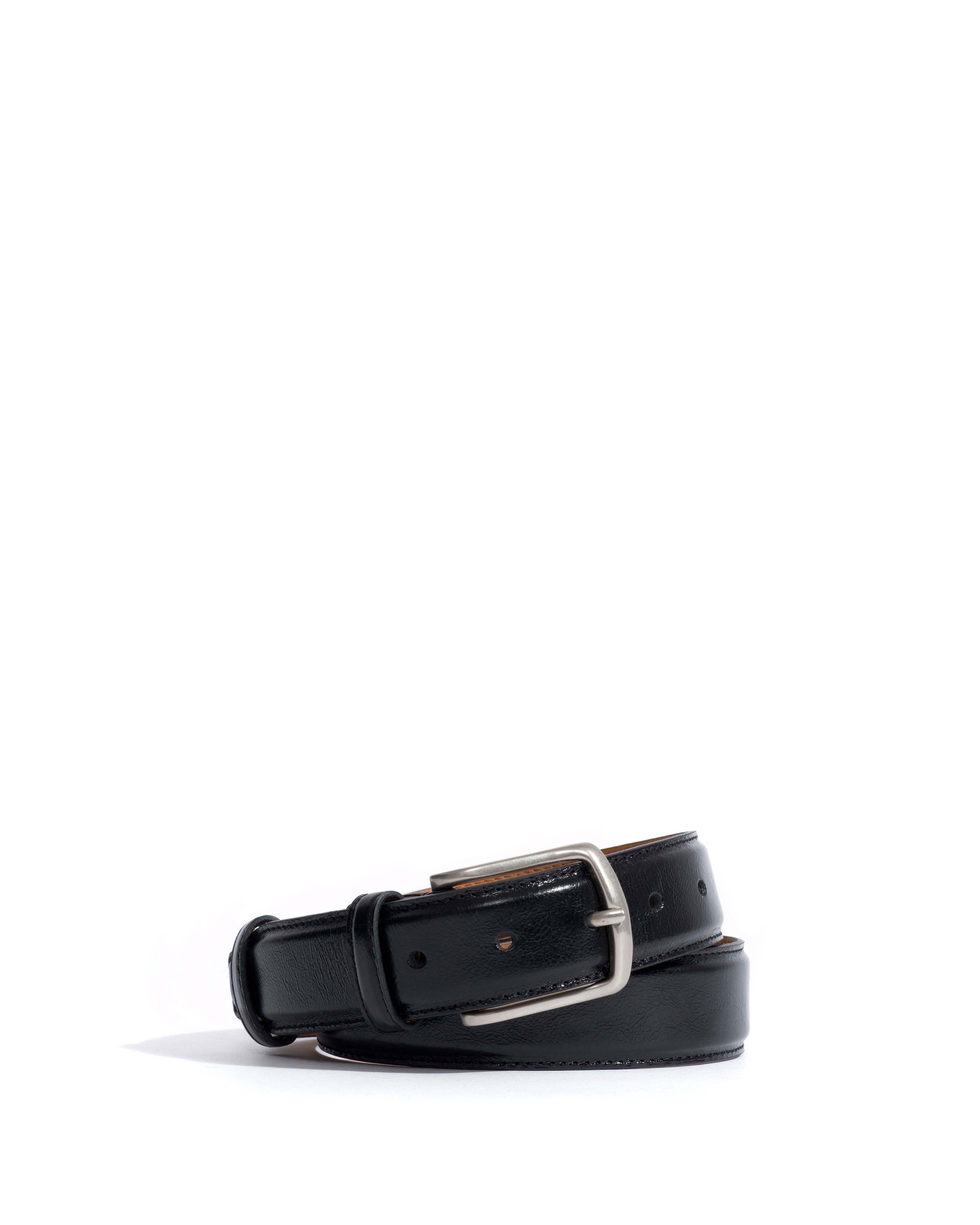 Quinn classic unisex leather belt Crinkled polished goat & metal Black & silver buckle