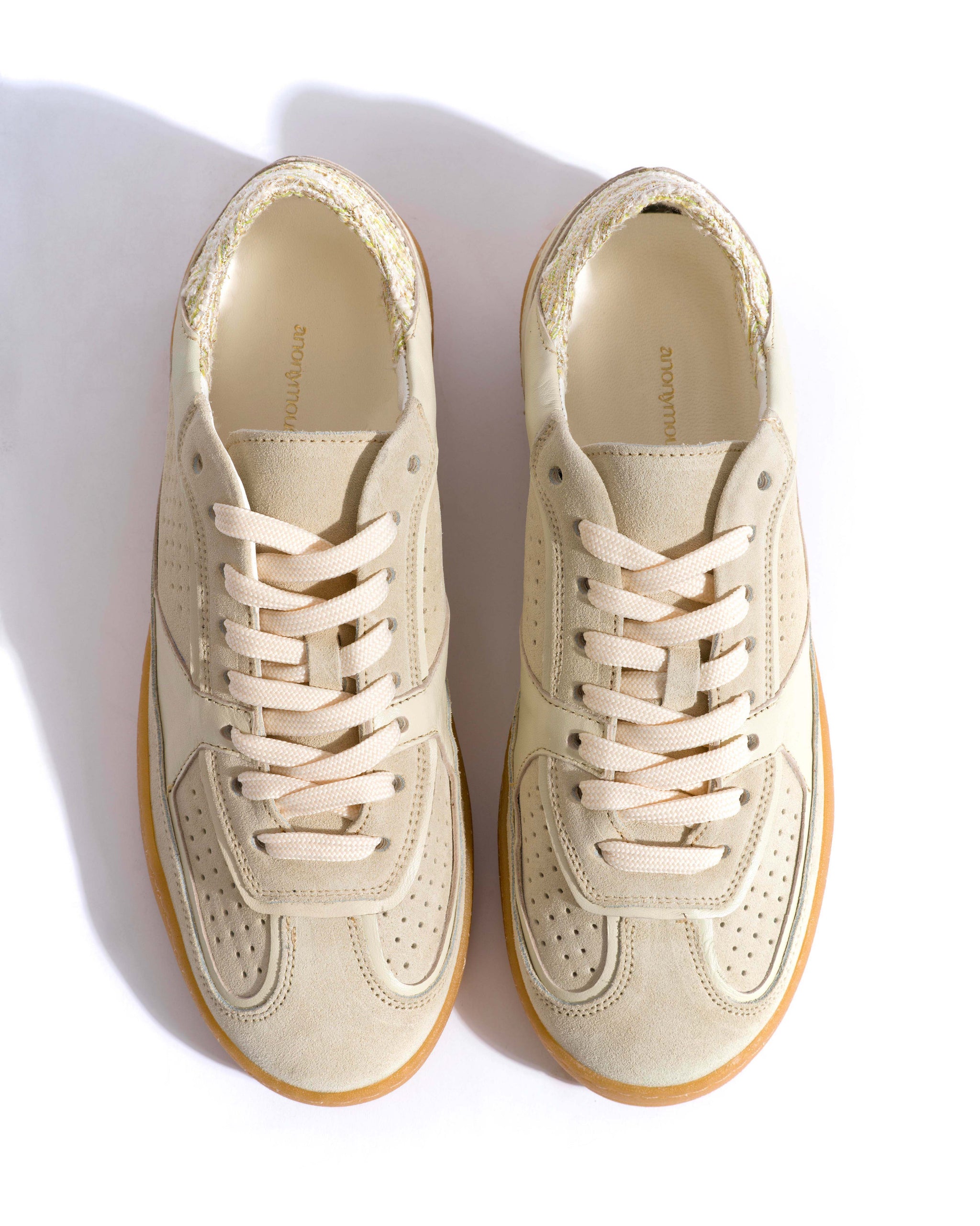 Dabbie Calf suede & sleek leather & boucle Antique white & white sand & pineapple ice - Anonymous Copenhagen Shoes