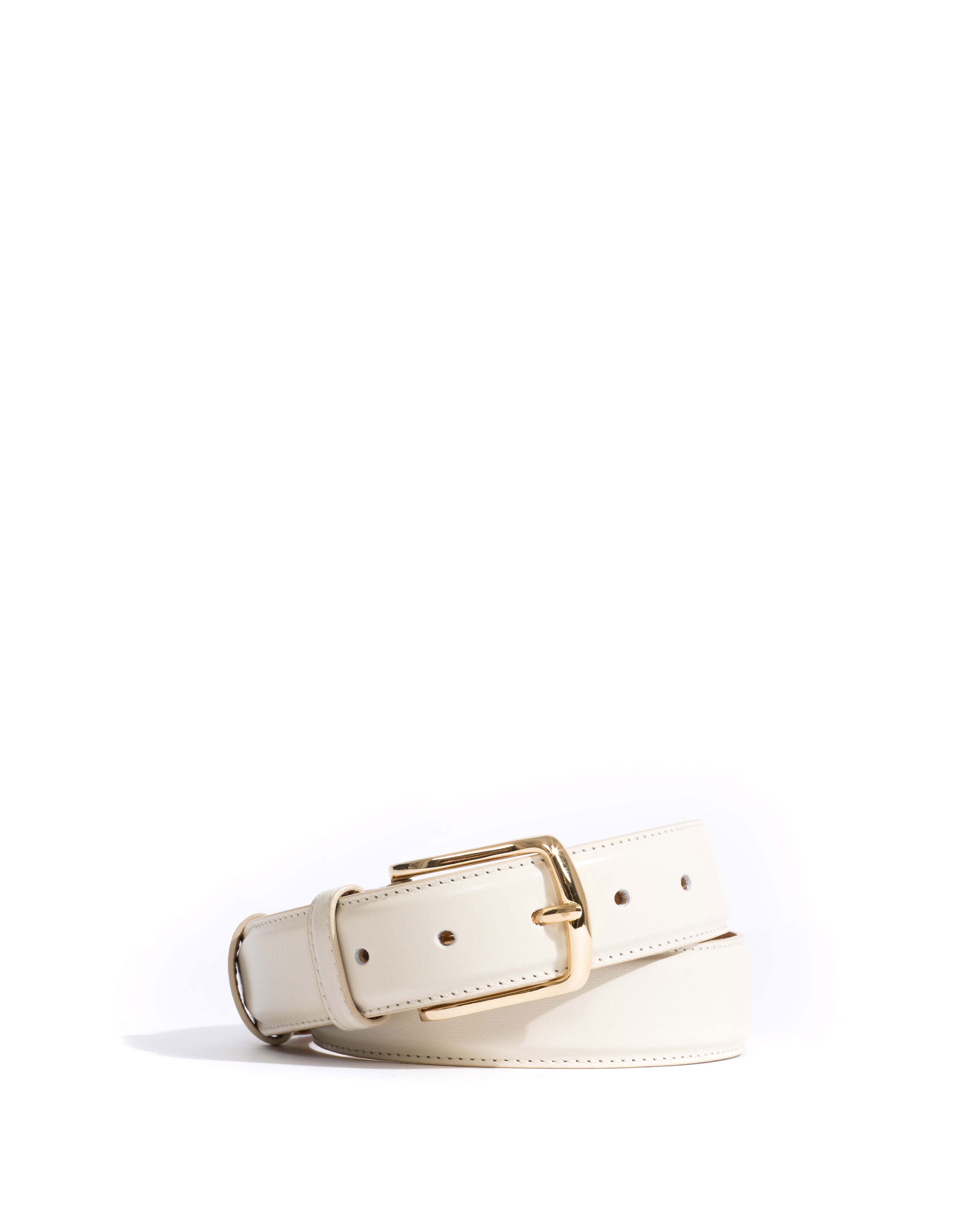 Quinn classic unisex leather belt Crinkled polished goat & metal White sand & gold buckle