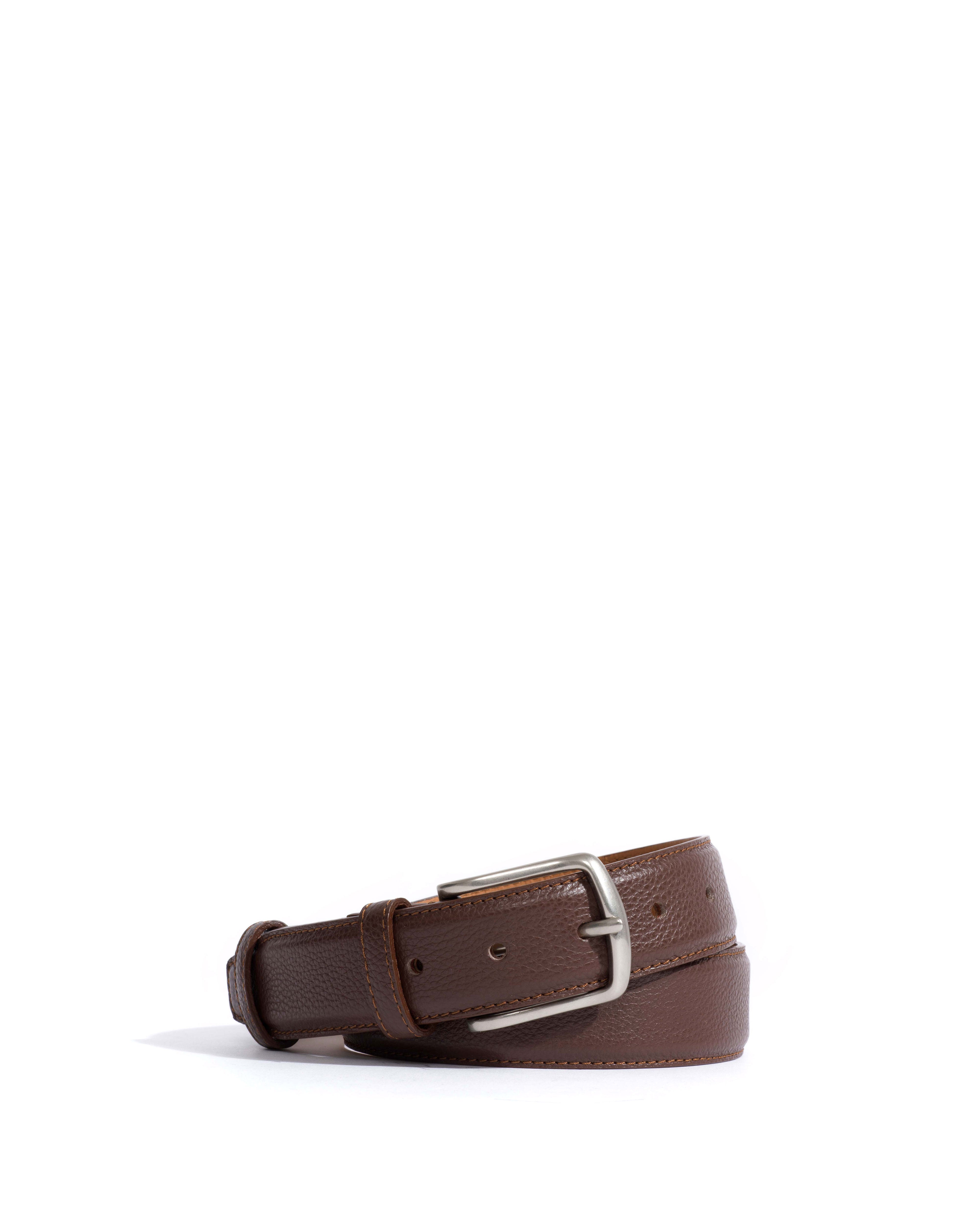 Quinn classic unisex leather belt Pebbled soft calf & metal Coffee brown & silver buckle