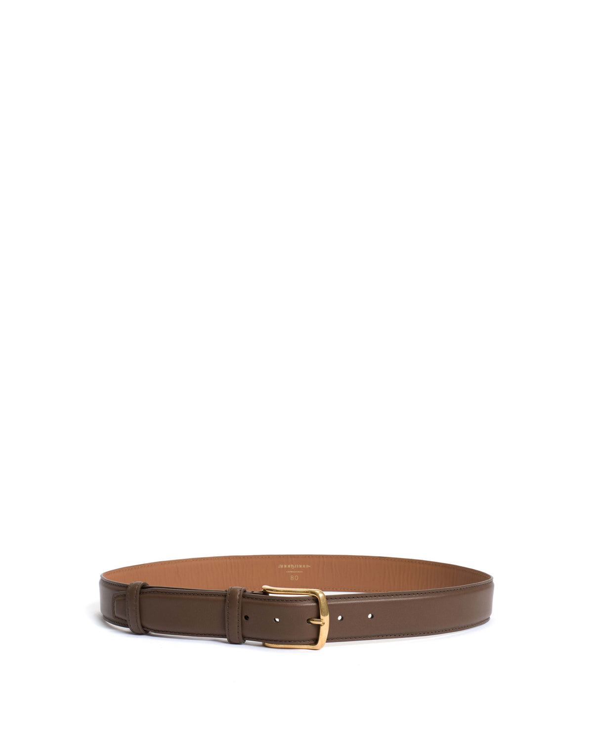 Quinn classic unisex leather belt Soft calf & metal Dark taupe & gold buckle